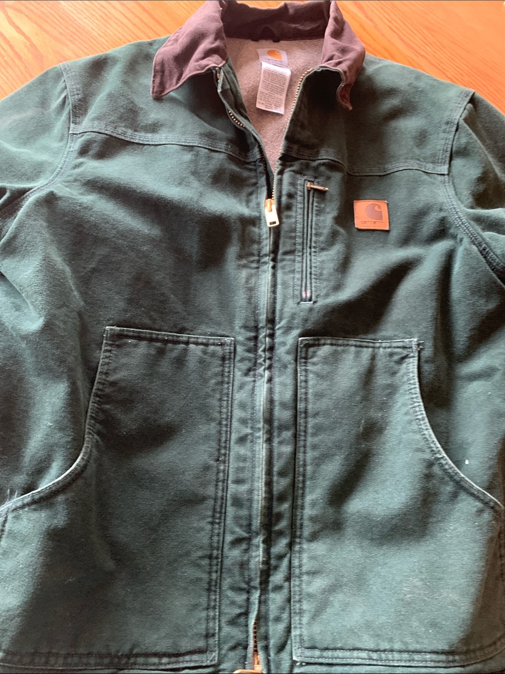 Carhartt Green Jacket with Brown Collar and Leather Logo Patch